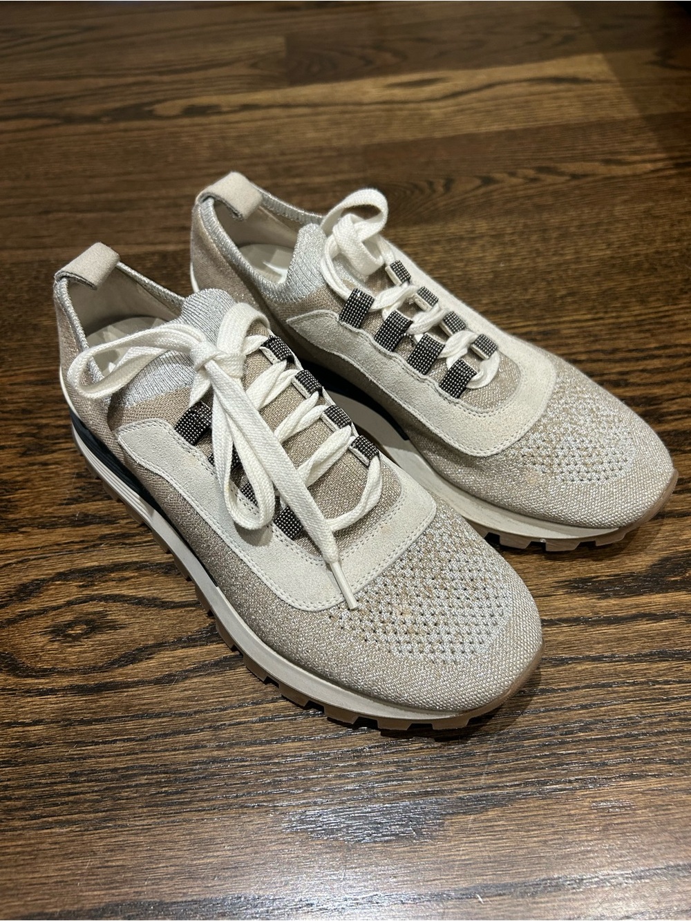 Brunello Cucinelli Beige and Off-White Knit Lace-Up Sneakers